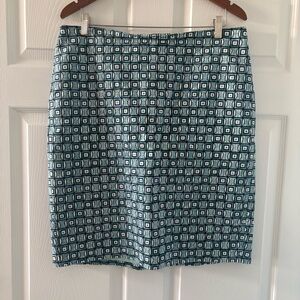 Ann Taylor Factory Blue & White Geometric Pencil Skirt – Knee‑Length, Size 12